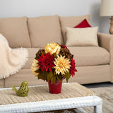 14” Peony, Hydrangea and Dahlia Artificial Arrangement in Burgundy Vase-Parc Decor