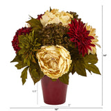 14” Peony, Hydrangea and Dahlia Artificial Arrangement in Burgundy Vase-Parc Decor