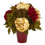 14” Peony, Hydrangea and Dahlia Artificial Arrangement in Burgundy Vase-Parc Decor