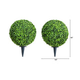 14” Artificial Boxwood Ball Topiary with Integrated Ground Stake UV Resistant - Set of 2-Plant-Parc Decor
