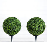 14” Artificial Boxwood Ball Topiary with Integrated Ground Stake UV Resistant - Set of 2-Plant-Parc Decor