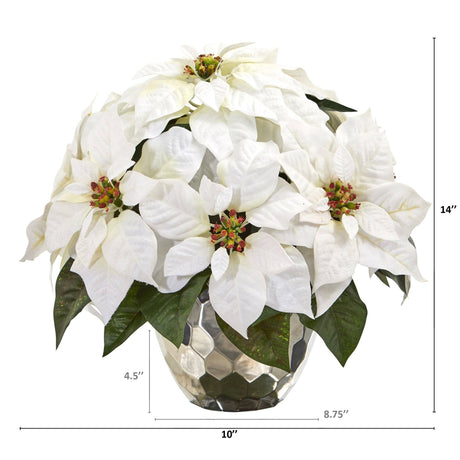 14” Poinsettia Artificial Arrangement in Designer Silver Bowl-Arrangement-Parc Decor