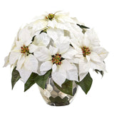 14” Poinsettia Artificial Arrangement in Designer Silver Bowl-Arrangement-Parc Decor