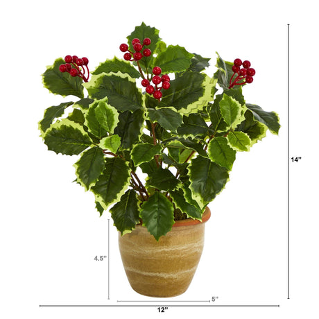 14” Variegated Holly Leaf Artificial Plant in Ceramic Planter (Real Touch)-Plant in Planter-Parc Decor