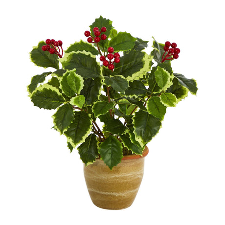 14” Variegated Holly Leaf Artificial Plant in Ceramic Planter (Real Touch)-Plant in Planter-Parc Decor