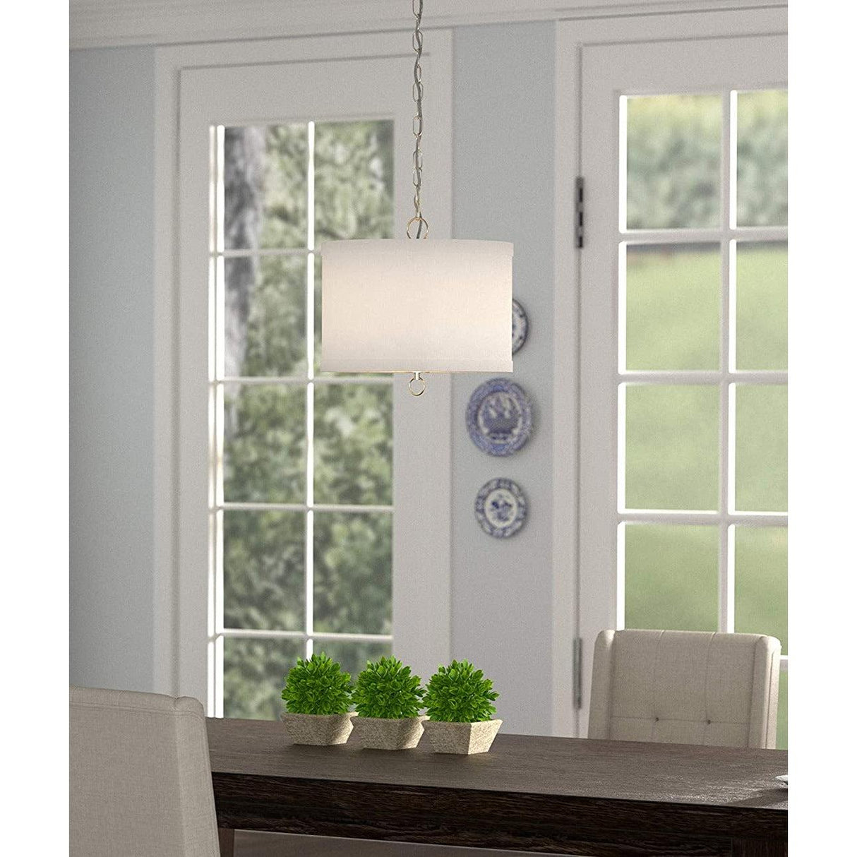 14"W Light Pendant Brushed Nickel Finish with Oatmeal Linen Shade