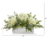 15” Hydrangea and Eucalyptus Artificial Arrangement in White Vase-Parc Decor