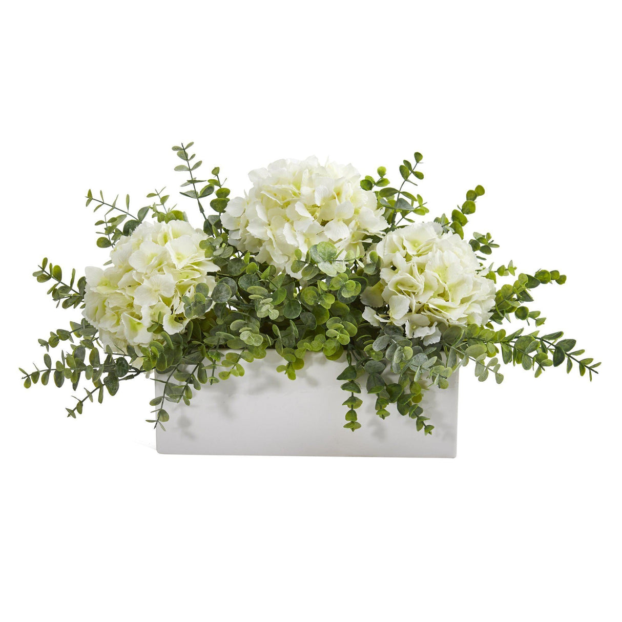 15” Hydrangea and Eucalyptus Artificial Arrangement in White Vase-Parc Decor