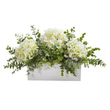 15” Hydrangea and Eucalyptus Artificial Arrangement in White Vase-Parc Decor