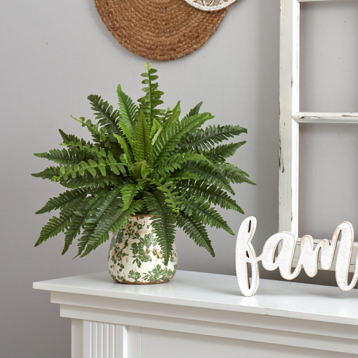 15” Boston Fern Artificial Plant with Tuscan Ceramic Green Scroll Planter-Plant in Planter-Parc Decor