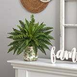 15” Boston Fern Artificial Plant with Tuscan Ceramic Green Scroll Planter-Plant in Planter-Parc Decor