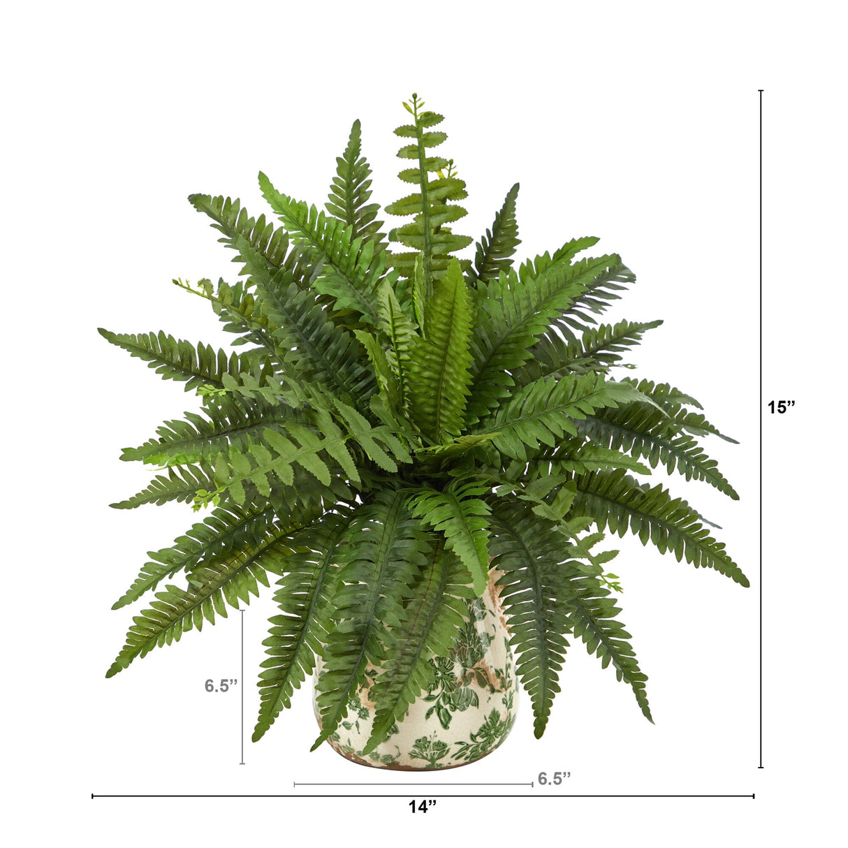 15” Boston Fern Artificial Plant with Tuscan Ceramic Green Scroll Planter-Plant in Planter-Parc Decor