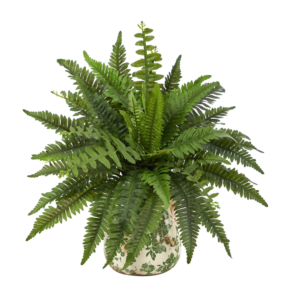 15” Boston Fern Artificial Plant with Tuscan Ceramic Green Scroll Planter-Plant in Planter-Parc Decor