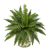 15” Boston Fern Artificial Plant with Tuscan Ceramic Green Scroll Planter-Plant in Planter-Parc Decor