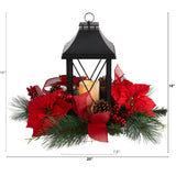15” Holiday Poinsettia, Pinecone and Greenery with Lantern and LED Candle Table Arrangement-Candelabrum-Parc Decor