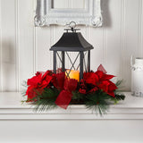 15” Holiday Poinsettia, Pinecone and Greenery with Lantern and LED Candle Table Arrangement-Candelabrum-Parc Decor