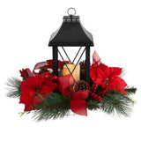 15” Holiday Poinsettia, Pinecone and Greenery with Lantern and LED Candle Table Arrangement-Candelabrum-Parc Decor