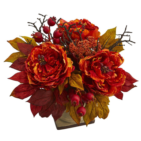 15” Peony and Sedum Artificial Arrangement-Arrangement-Parc Decor