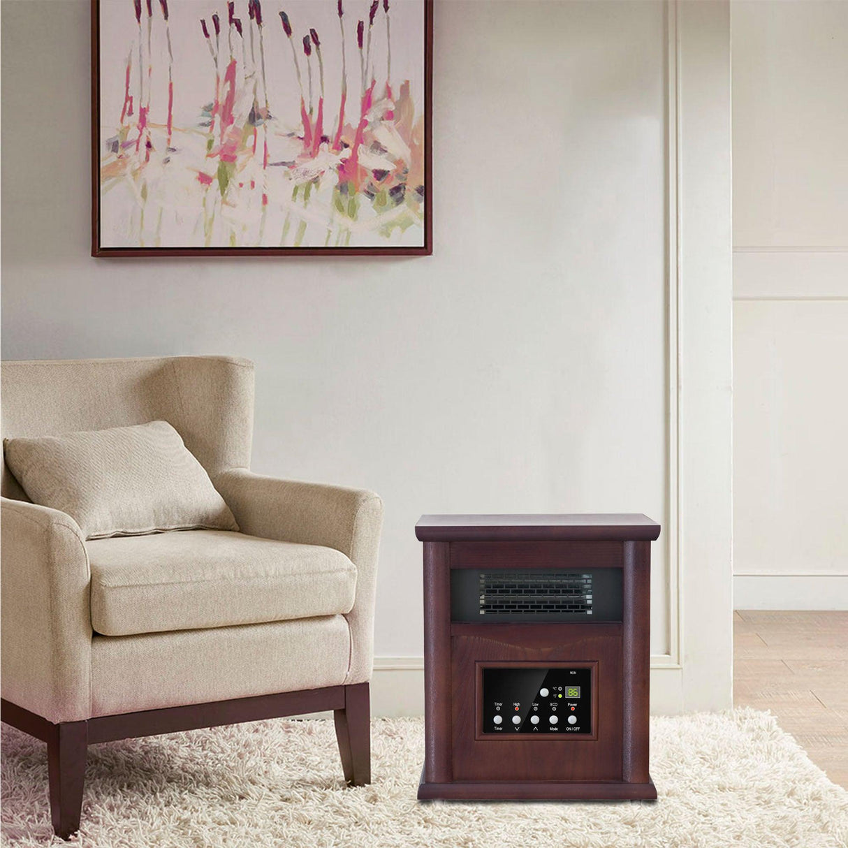 1500-Watt Electric Cabinet 4 Quartz Infrared Heater Wood with LED Digital Screen, Remote Control and Timer-Parc Decor