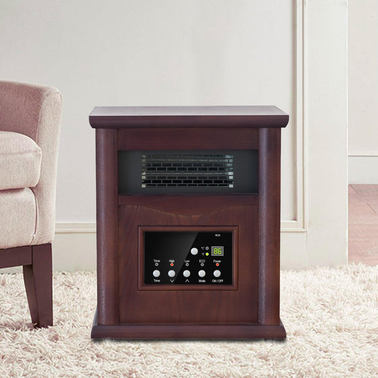1500-Watt Electric Cabinet 4 Quartz Infrared Heater Wood with LED Digital Screen, Remote Control and Timer-Parc Decor
