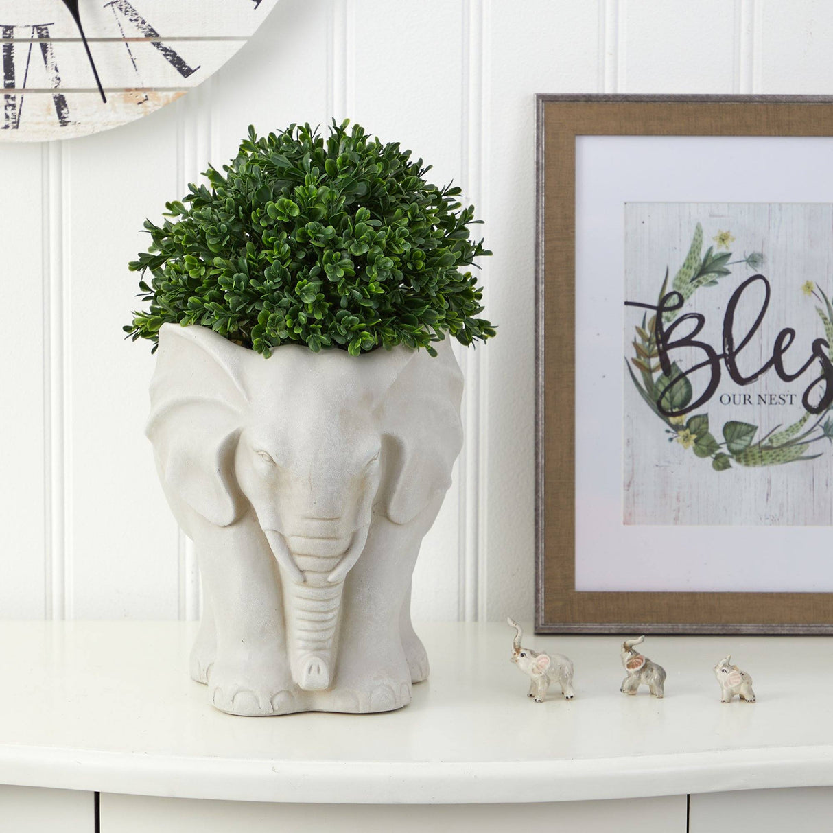 16” Boxwood Topiary Artificial Plant in Elephant Shaped Planter (Indoor/Outdoor)-Parc Decor