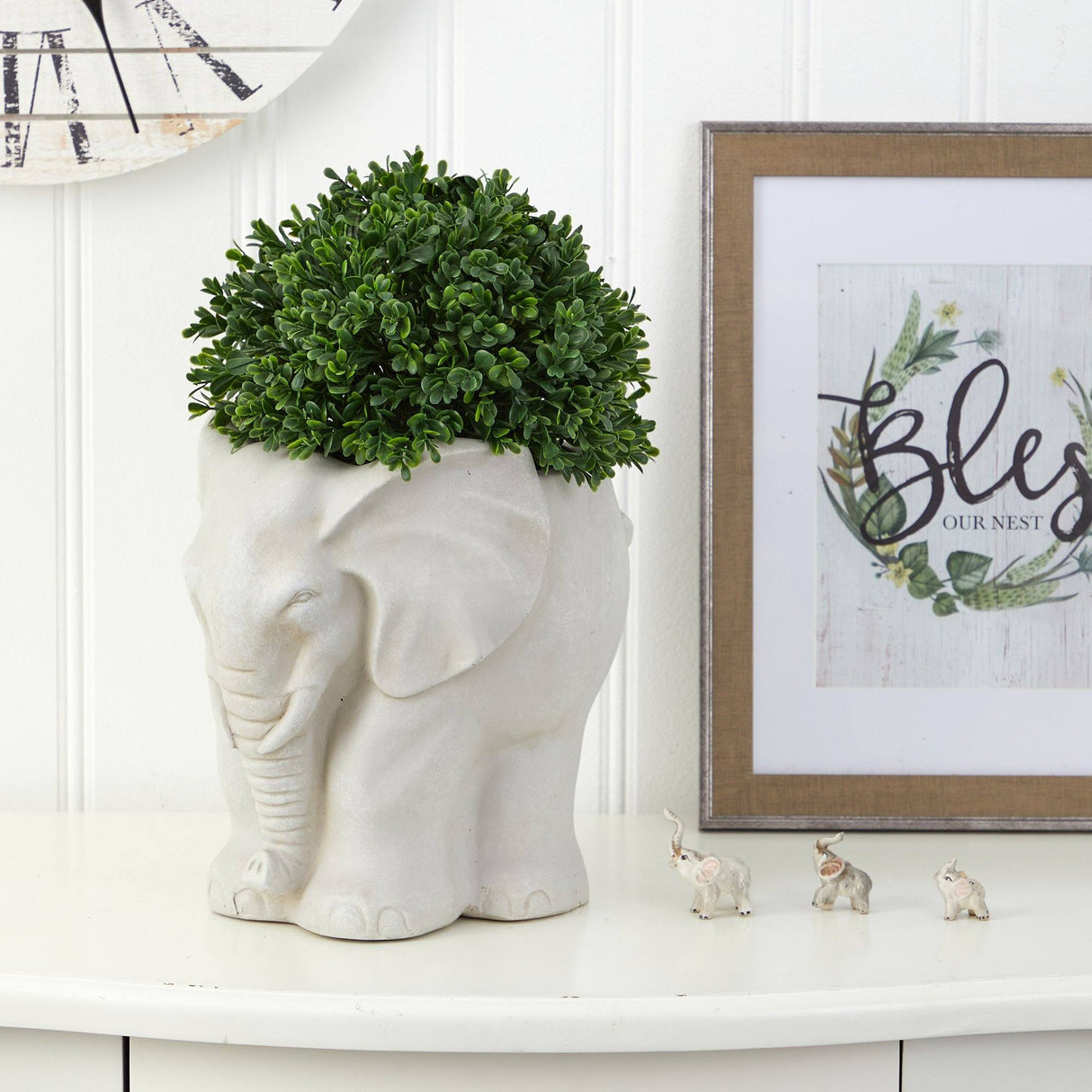 16” Boxwood Topiary Artificial Plant in Elephant Shaped Planter (Indoor/Outdoor)-Parc Decor