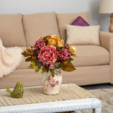 16” Peony Artificial Arrangement in Flower Print Jar-Parc Decor