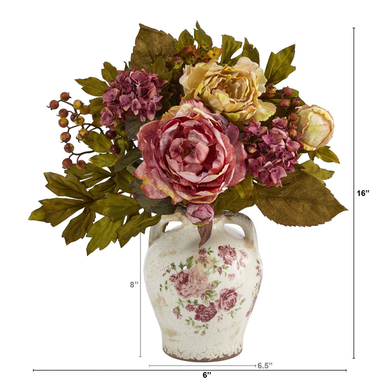 16” Peony Artificial Arrangement in Flower Print Jar-Parc Decor