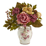 16” Peony Artificial Arrangement in Flower Print Jar-Parc Decor