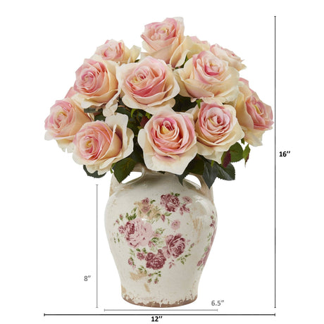 16” Rose Artificial Arrangement in Flower Print Jar-Parc Decor