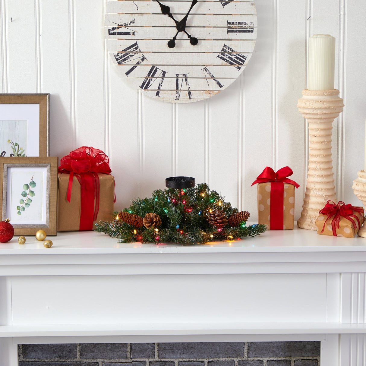 16” Flocked and Glittered Artificial Christmas Pine Candelabrum with 35 Multicolored Lights and Pine Cones-Candelabrum-Parc Decor