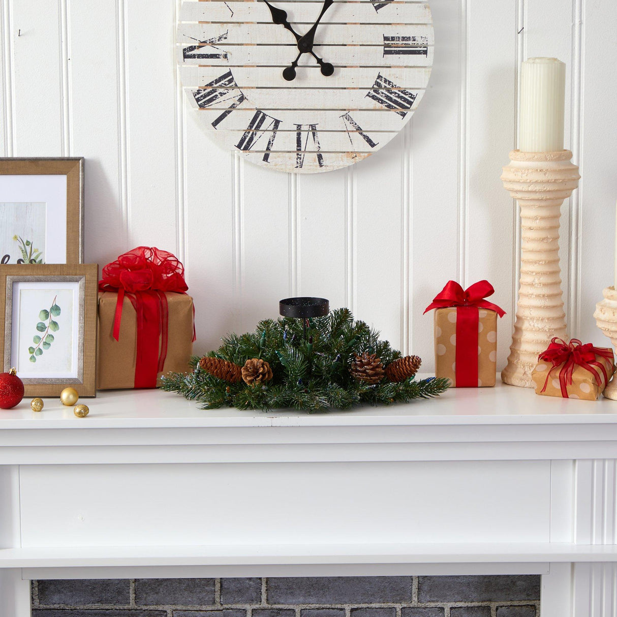 16” Flocked and Glittered Artificial Christmas Pine Candelabrum with 35 Multicolored Lights and Pine Cones-Candelabrum-Parc Decor