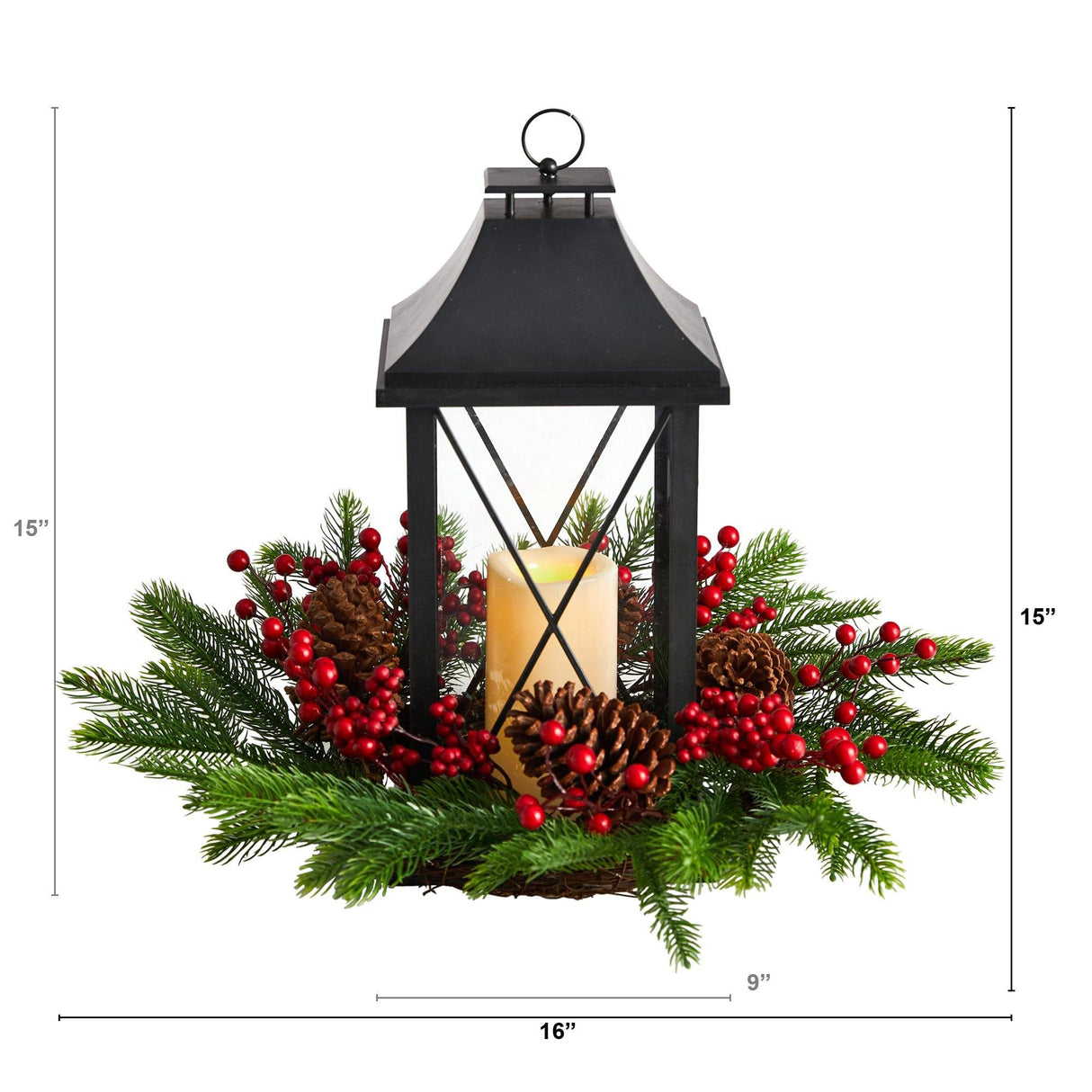 16" Holiday Berries, Pinecones and Greenery with Lantern and Included LED Candle Table Arrangement"-Candelabrum-Parc Decor