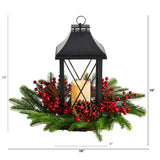 16" Holiday Berries, Pinecones and Greenery with Lantern and Included LED Candle Table Arrangement"-Candelabrum-Parc Decor