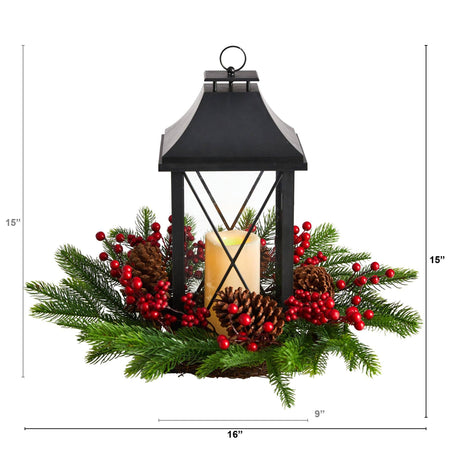 16" Holiday Berries, Pinecones and Greenery with Lantern and Included LED Candle Table Arrangement"-Candelabrum-Parc Decor