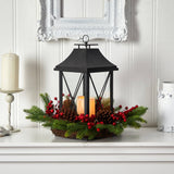 16" Holiday Berries, Pinecones and Greenery with Lantern and Included LED Candle Table Arrangement"-Candelabrum-Parc Decor