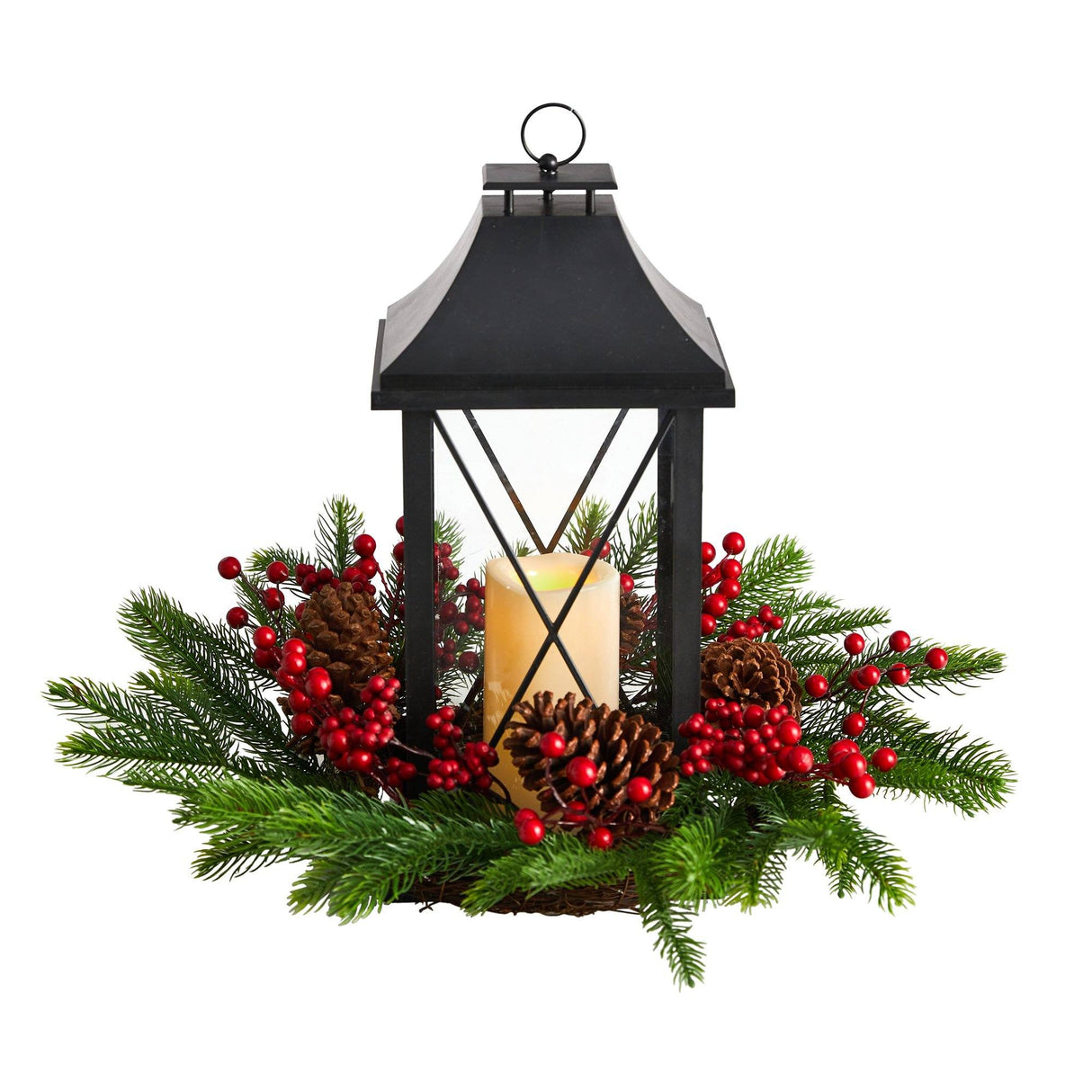 16" Holiday Berries, Pinecones and Greenery with Lantern and Included LED Candle Table Arrangement"-Candelabrum-Parc Decor