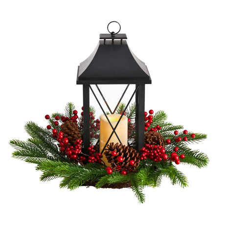16" Holiday Berries, Pinecones and Greenery with Lantern and Included LED Candle Table Arrangement"-Candelabrum-Parc Decor