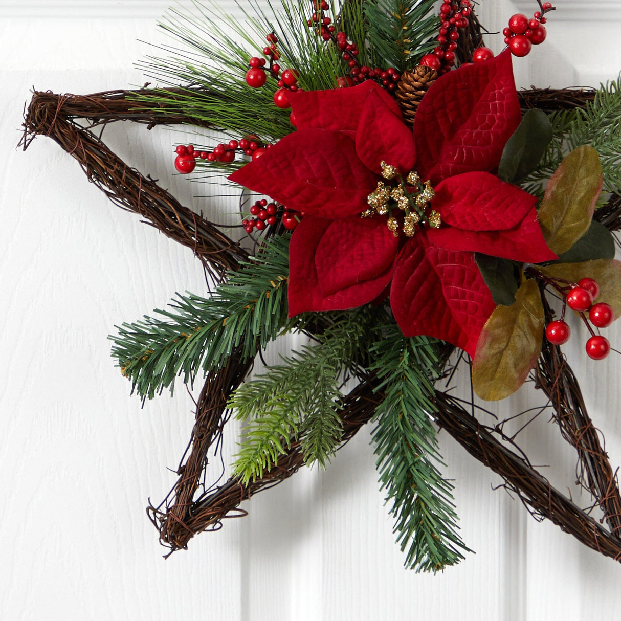16” Holiday Christmas Poinsettia Star Twig Wreath-Wreath-Parc Decor