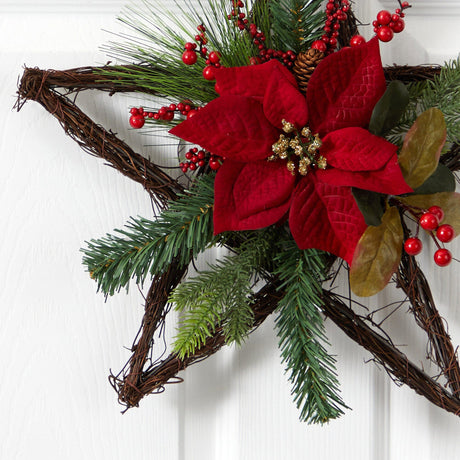 16” Holiday Christmas Poinsettia Star Twig Wreath-Wreath-Parc Decor