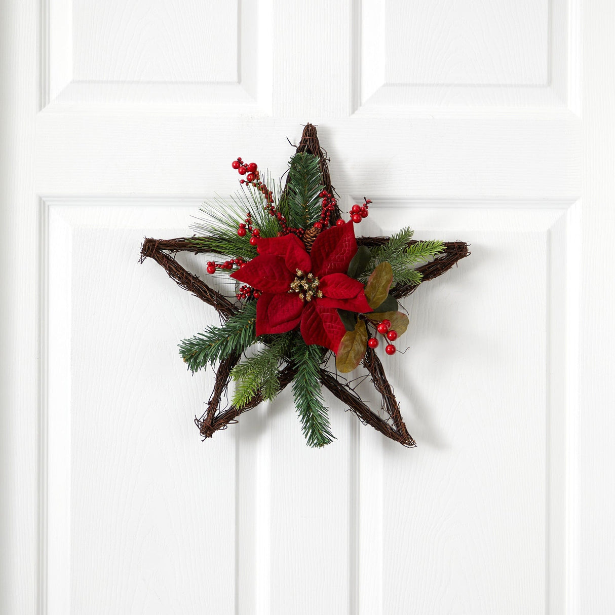 16” Holiday Christmas Poinsettia Star Twig Wreath-Wreath-Parc Decor