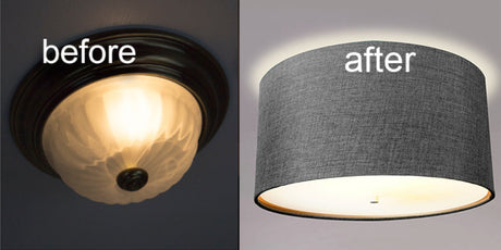16"W Moderne Flush Mount Conversion Kit Granite Gray Burlap Hardback Drum Lampshade