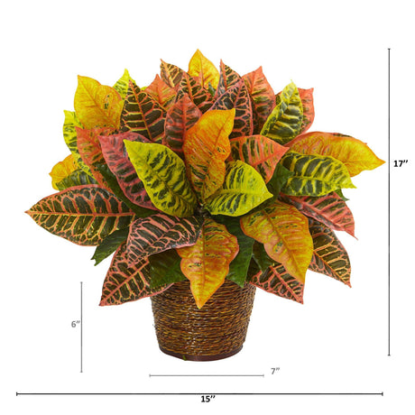 17” Garden Croton Artificial Plant in Basket (Real Touch)-Parc Decor