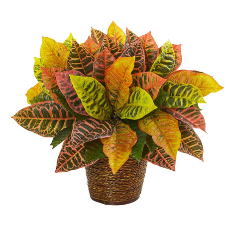 17” Garden Croton Artificial Plant in Basket (Real Touch)-Parc Decor