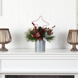17” Pinecone and Berries Arrangement with Decorative Metal Vase and Wrired Red Tree-Arrangement-Parc Decor