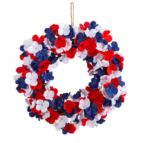 18” Americana Patriotic Hydrangea Artificial Wreath Red White and Blue-Parc Decor