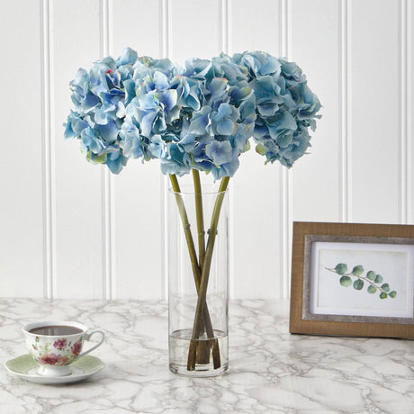 18” Blue Hydrangea Faux Flower Arrangement in Cylinder Glass Vase-Parc Decor