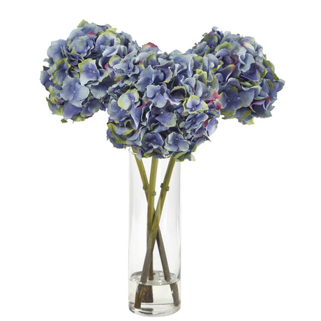 18” Blue Hydrangea Faux Flower Arrangement in Cylinder Glass Vase-Parc Decor