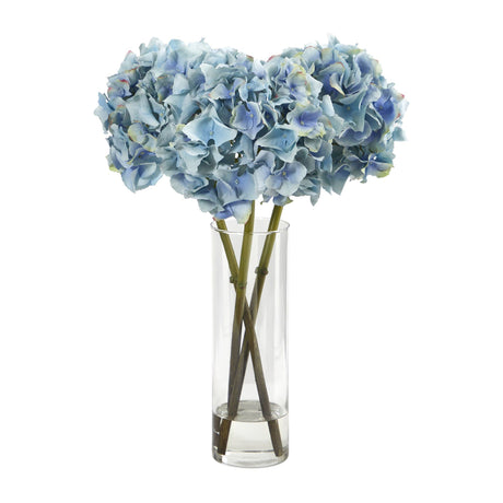 18” Blue Hydrangea Faux Flower Arrangement in Cylinder Glass Vase-Parc Decor