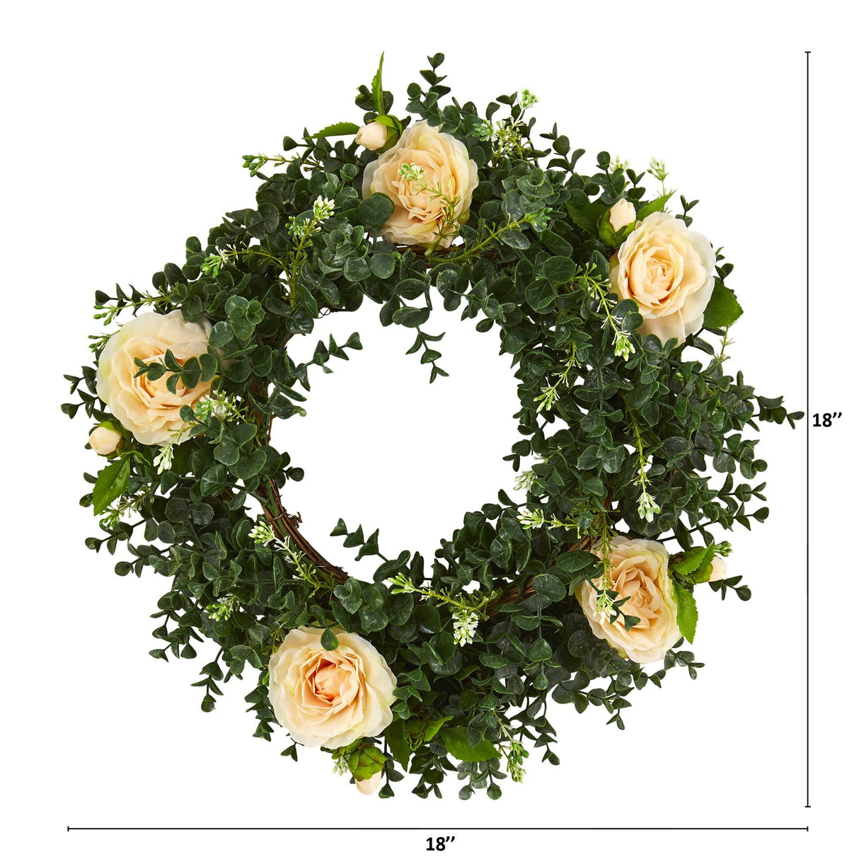 18” Eucalyptus and Camellia Double Ring Artificial Wreath with Twig Base-Parc Decor